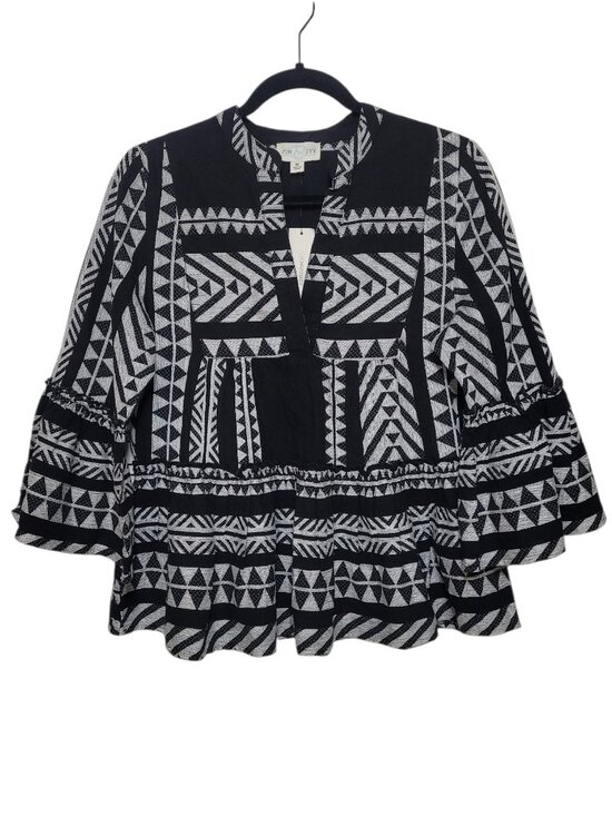 June & Ivy Tops - June & Ivy Boho Geometric Peplum Top Bell Sleeve Blouse Black White Medium
